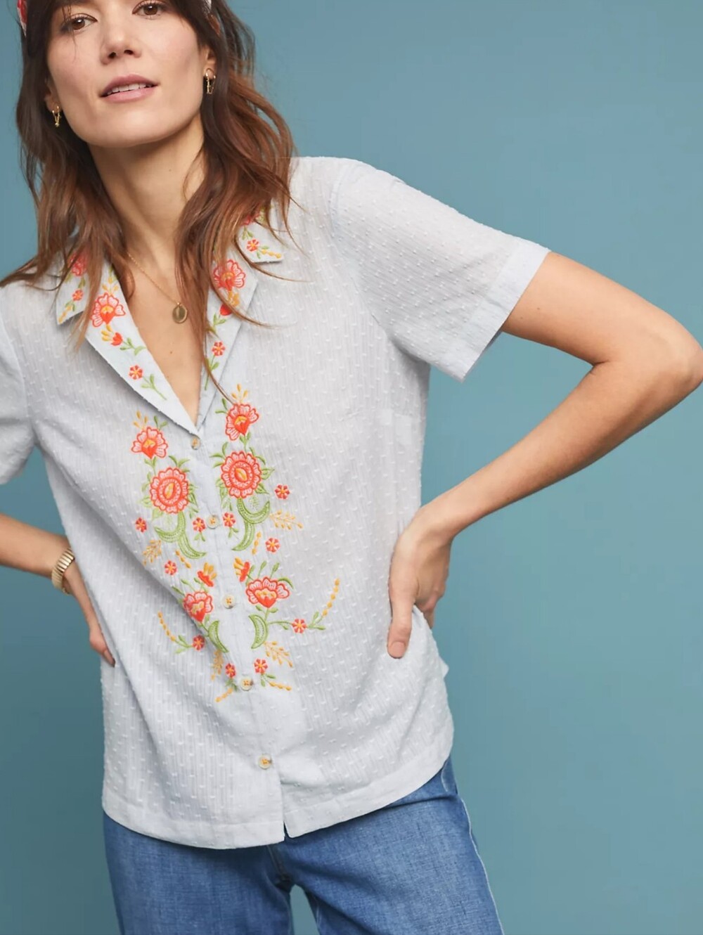 Anthropologie Maeve Sandra Powder Blue Swiss Dot Embroidered Camp Shirt SZ 10